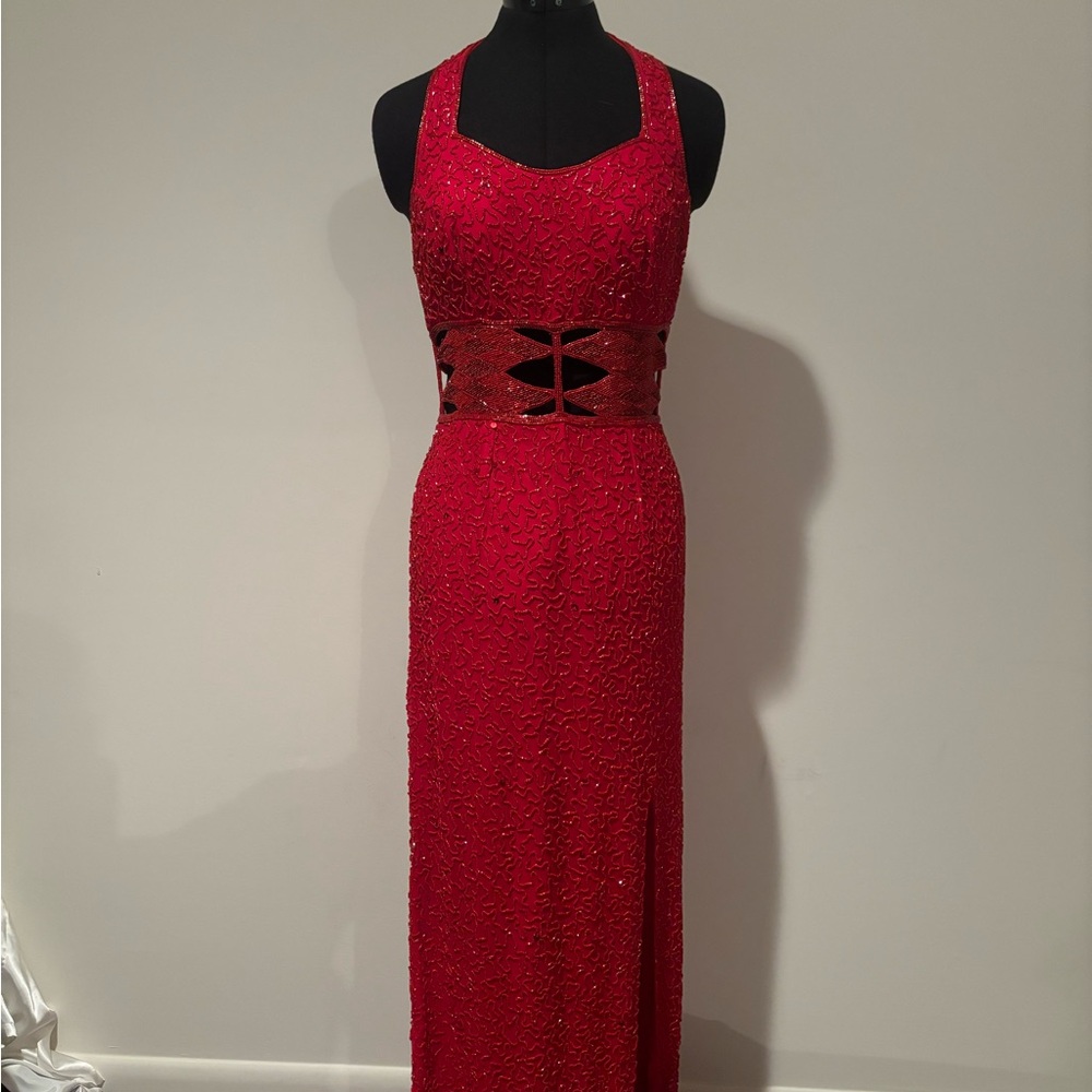 Lipstick red fully beaded hollywood dress keyhole front and back